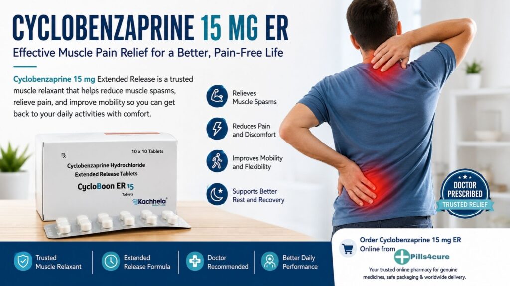 Cyclobenzaprine 15 mg ER infographic showing muscle pain relief, extended-release tablets, key benefits, and trusted online pharmacy Pills4Cure.
