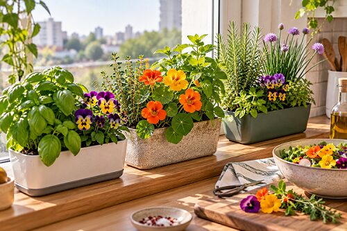 Compact windowsill planters with edible blooms  for home culinary decor